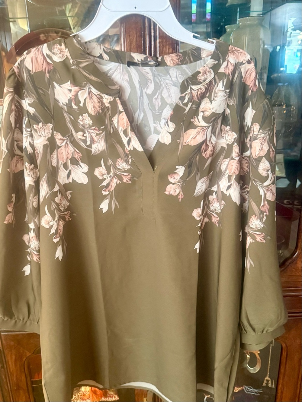 Olive Green Floral V-Neck Women’s Blouse